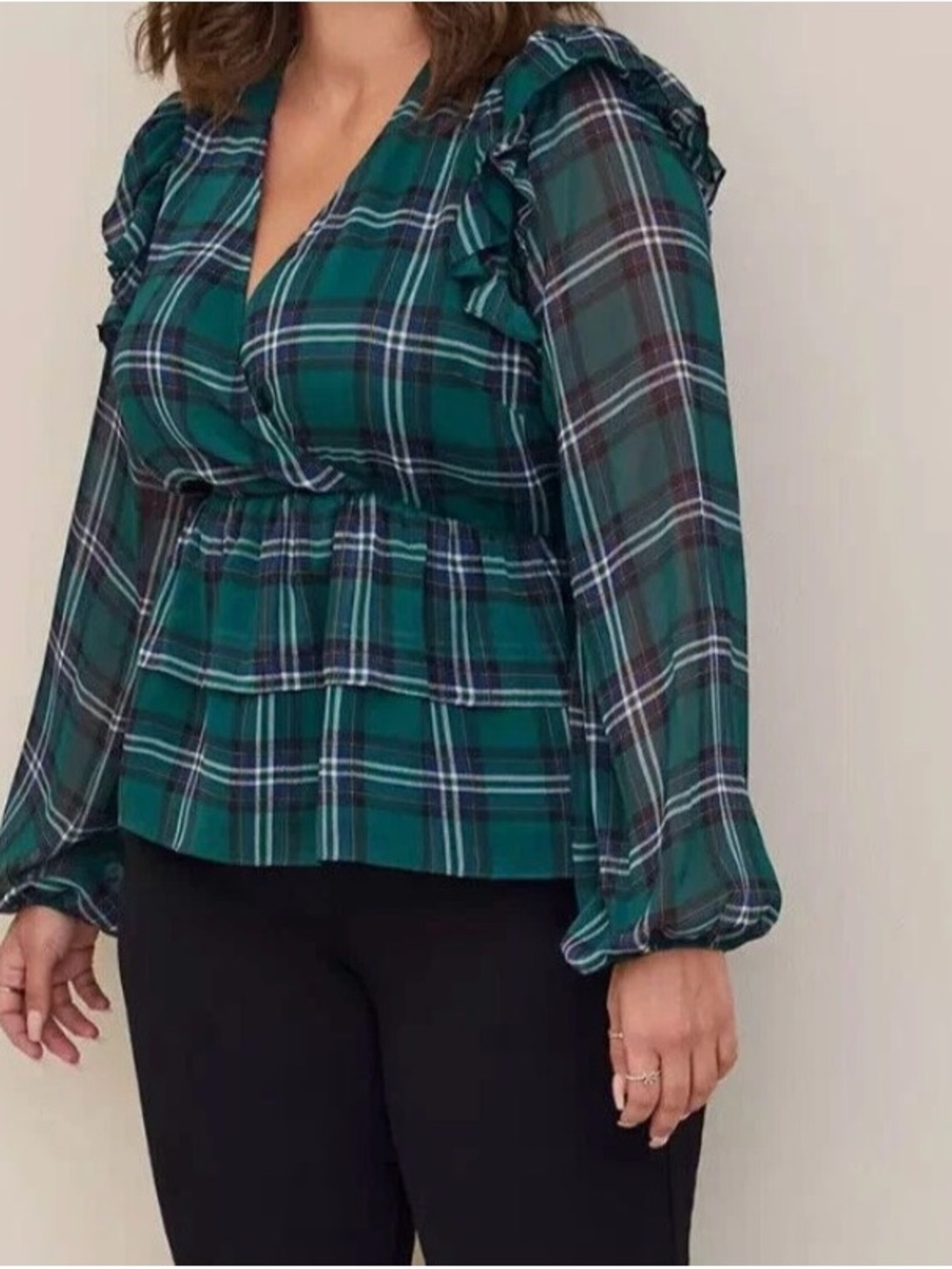 EUC Torrid Chiffon Ruffled Surplice Green Plaid Cropped Blouse Size 5 26/28 5X